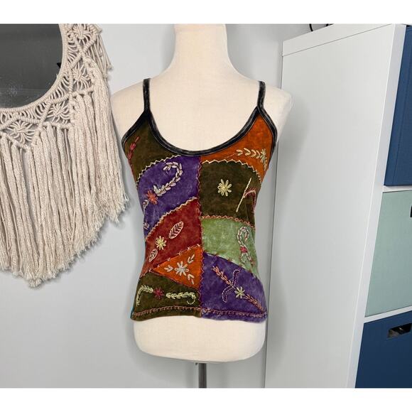 Women's Patchwork Hand-dyed Embroidered 100% Cotton Botanical Tank Top Shirt Med - Picture 1 of 6